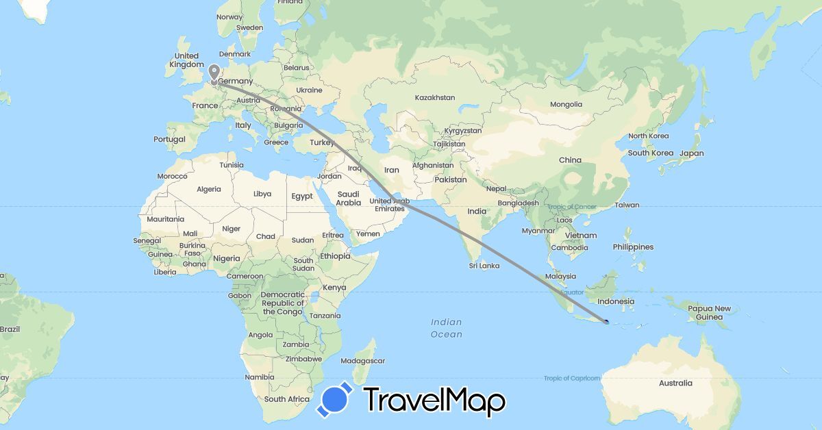 TravelMap itinerary: driving, plane, boat in United Arab Emirates, Belgium, Indonesia (Asia, Europe)